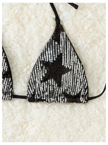 SOLY HUX Women's Sequin Bikini Tops Triangle Halter Tie Back Sparkly Star Swimsuit Tops Bathing Suit3