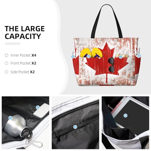 (Canada Flag) Large Beach Tote Bag for Women Waterproof Sandproof Travel Shoulder Bag with Pocket for Pool Vacation Weekend Gym3