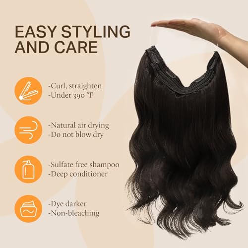 Image of DOORES Hair Extensions Real Human Hair, Dark Brown 22 Inch 120g, Wire Hair Extension Invisible Hairpiece Wire Extensions with Transparent Fish Line Straight Hair