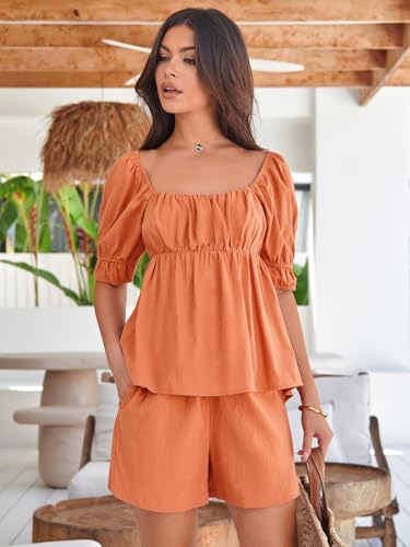Image of Tankaneo Womens 2 Piece Outfits Summer Square Neck Short Puff Sleeve Babydoll Tops and Shorts Matching Set