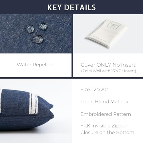 Crumbs Home Coastal Linen Indoor Outdoor Lumbar Pillow Cover Only, 12"x20" Water Repellent for Patio, Backyard, Couch, Dark Navy Neutral Embroidered Stripes - Image 5