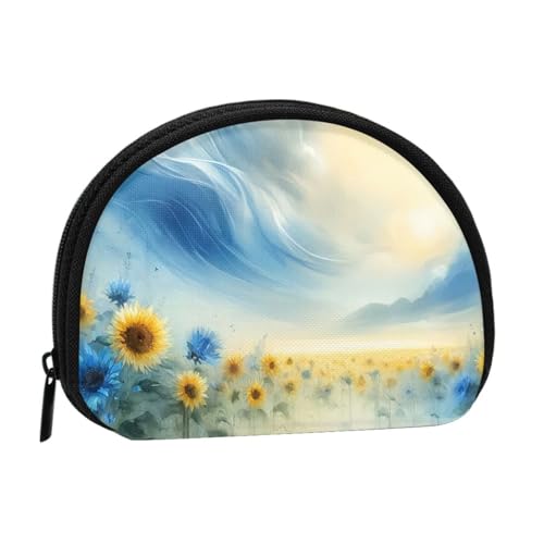 Portable Coin Purse Watercolor-Powerful-Sunflowers Mini Zippered Money Pouch Card Holder