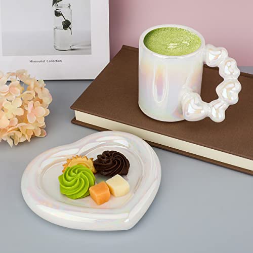 Fseoot Ceramic Coffee Mug With Saucer Set, 10.1 Oz/300 Ml Cute Creative Electroplated Cup With Gourd Handle Love Heart Shape Design For Office And Home (Pearly) #TOP2