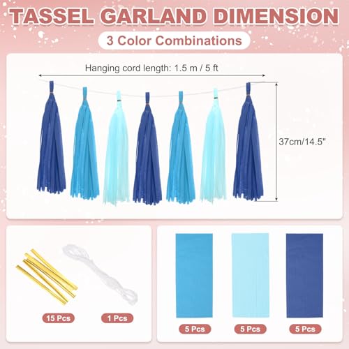 Guirnalda de borlas de papel de seda azules con 15 piezas para decoración DIY 3