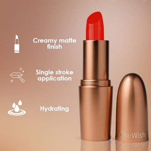Image of One Wish Creamy Matte Lipstick Long Lasting for Women - Crimzone Shade 26 | Full Coverage | Creamy Formula | No Flaky Lips | No Dryness| High-Pigment | SPF | Vitamin E, Almond Oil & Shea Butter for Moisturising Lip | 8 Hrs Lasting | Smooth Finish | 3.8 gm