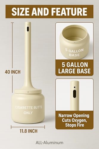Cigarette Butt Disposal Outdoor, All-Aluminum 5-Gallon Receptacle, 40 in H x 11.8 in Dia, Beige – Rust-Proof, Weather-Resistant, Liner-Free, Oxygen-Restricting Top, Outdoor Ashtray