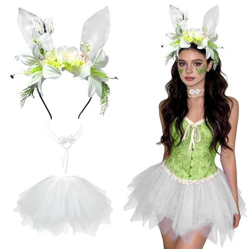 SilverChry Disfraces Carnavales Mujer, Disfraz Conejo de Pascua Adulto, Diadema Floral con Flores Artificiales, Collar de Flores, Falda Tul, Fiesta de Pascua, Cumpleaños, Baile de Máscaras (Blanco)