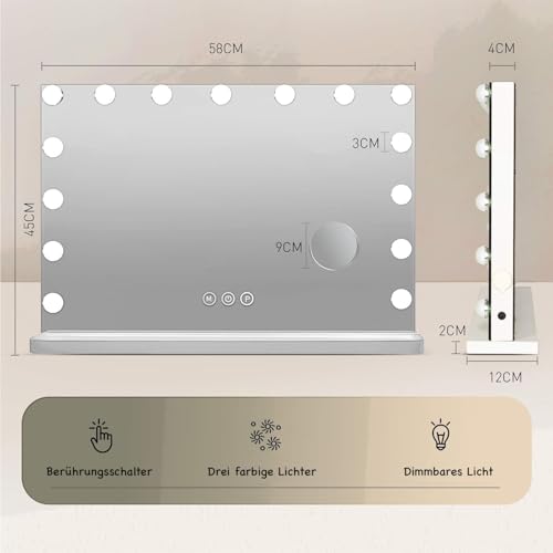 Foto von eklipt Schminkspiegel mit Beleuchtung 58x46cm Hollywood Spiegel mit Beleuchtung Kosmetikspiegel 15 LED Licht 3 Lichtfarben mit USB 10X Vergrößerung Touch Control Tischplatte & Wandhalterung