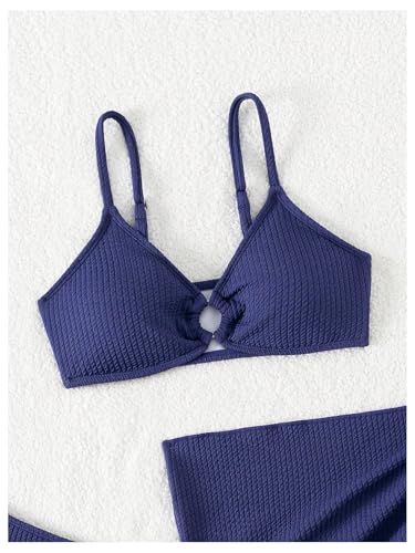 OYOANGLE Girl's Swimsuit 3 Piece Textured Ring Linked Bikini Set with Beach Skirt Cover Up Bathing Suits4