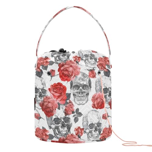 Yarn Storage Bag Small Crochet Bag Knitting Bag Organizer Red Roses Skull Yarn Bags for Crocheting Basket