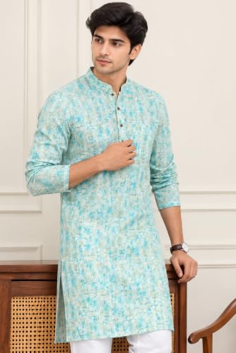 Image of FOXDX Men's Cotton Kurta, Ethnic Printed Kurta for Perfect Ethnic Look, Stand Collar Long Sleeve Casual Printed Regular Long Kurta