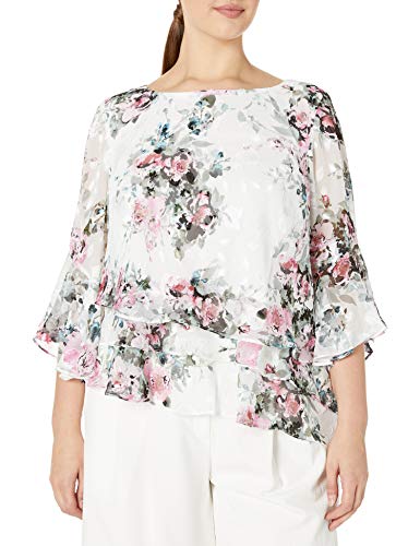 Alex Evenings Women's Asymmetric Chiffon Blouse, Ivory/Pink, Xl #TOP13