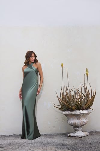 Image of Xscape Evenings Women's Long, Ruched Bodycon Low-Sheen Cross Front Halter Neck Evening Dress with Ruffle Detail