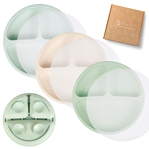 Image of Mia Li Suction Plates for Baby – Set of 3 Toddler Plates with Suction – Cute and Colorful Silicone Plates for Weaning – Ideal for Baby Feeding, Food Storage (Sage, Sand & Stone With Lids)