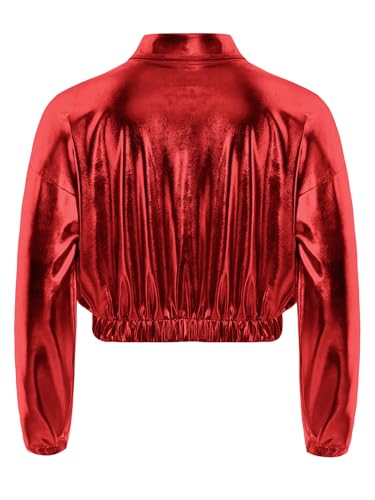 Kids Girls Dance Jacket Coat Metallic Long Sleeve Flip Collar Zipper Blazer with Flap Pockets Hip Hop Dancewear4