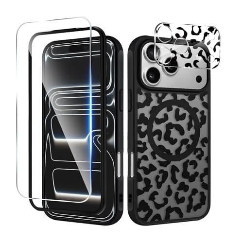 Magnetic Black Cheetah Print Case for iPhone 17 Pro Max, 3-in-1 Full Body Protection Set with 9H Screen Protector & Leopard Camera Lens Protector, Military Grade Shockproof Slim Cover for Women Girls by Yskbilm - Used condition - US$15.00