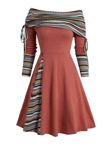 boho winter dress DRESSFO Womens Boho Knit Sweater Dress Long Sleeve Off Shoulder Button  Sweatshirt Colorblock A Line Winter Dress at Amazon Women's Clothing store
