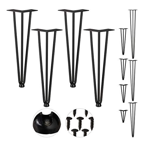 Relaxdays Hairpin Legs, Set da 4, 3 Aste, Metallo, Gamba Tavolo a Forcella, Sgabello Tavolo e Armadio, Alte 40 cm, Nero