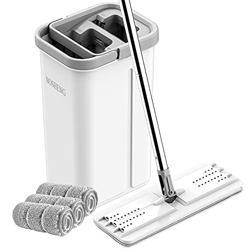 BOSHENG Mop and Bucket with Wringer Set, Hands Free Flat Floor Mop and Bucket, 3 Washable Microfiber Pads Included, Wet and Dry Use, Home Floor Cleaning System for All Floor Types and Windows by BOSHENG - Used condition - US$29.09