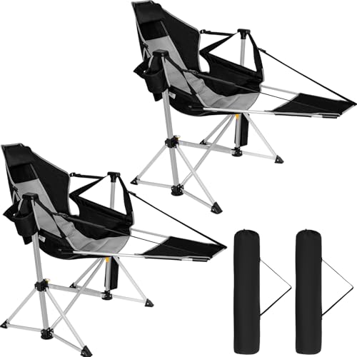 Romswi 2-Pack Aluminum Hammock Chair with Footrest, Oversized Portable Folding Swinging Chair with Adjustable Back & Seat, Lightweight Rocking Camp Chair Supports 440lbs for Outdoor, Patio - Black
