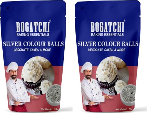 Image of BOGATCHI Silver Balls for Cake Decoration | Topping for Cake & Other Baking Items| Colored Sugar Confectionary | Cake Decorating Sprinkler |Gluten Free & Vegan |75g (Pack of 2)