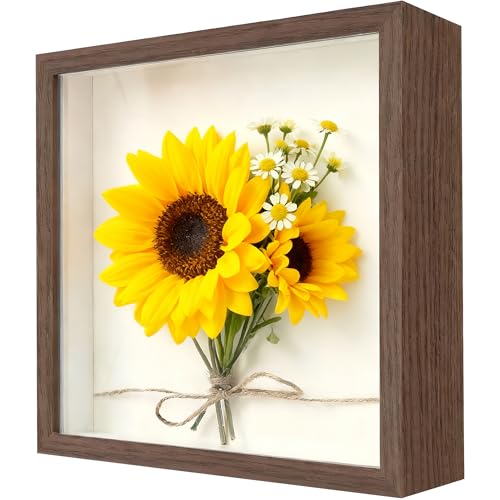 3D Bilderrahmen zum Befüllen 22 x 22cm, tiefer 3cm Holz Objektrahmen für Wand & Desktop, 3D Objektrahmen für Hochzeitsstrauß, DIY Kunstwerke & Bilderrahmen für Dekoration（Walnut）