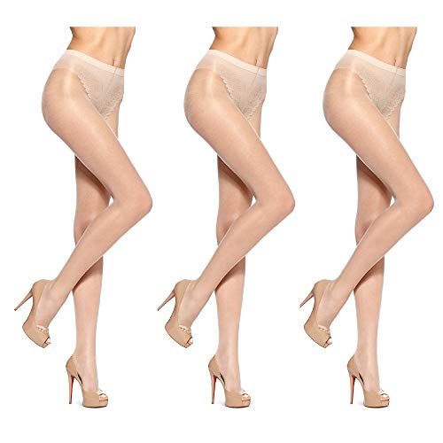 HUE Women's Toeless Sheer with Lace Control Top 3 Pair Pack, Natural