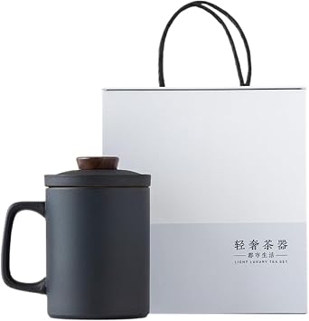 Ceramic Teacup with Infuser and Lid, 13.5oz Tea Infuser Ceramic Travel Mug, Loose Leaf Tea Mug, Infusion Mug for Home, Office, Gift for Women and Men black