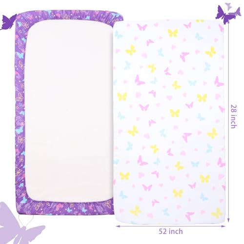 Image of UOMNY Crib Sheet Set for Girls,Butterfly Fitted Crib Sheets Baby Sheet Set for Standard Crib and Toddler mattresses Nursery Bedding Sheet for Girls 2 Pack Pink,Purple Pattern