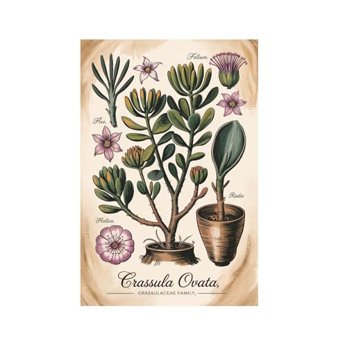 Vintage Jade Plant Botanical Plate Crassula Ovata Succulent Scientific Illustration Wall Art Printing Posters Unframe-style 08x12inch(20x30cm)