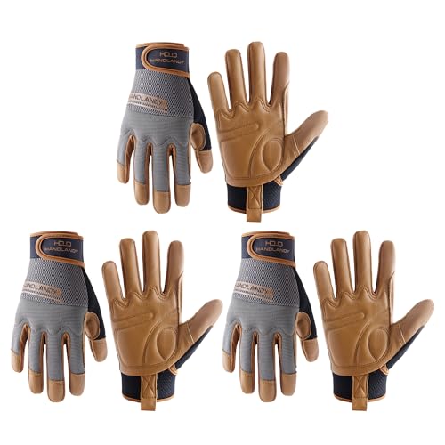 HANDLANDY Leather Work Gloves Mens & Women, Utility Safety Mechanic Working Gloves Touch Screen, Flexible Breathable Yard Work Gloves (Medium, Brown-Cowhide Palm, Pack of 3) Medium (Pack of