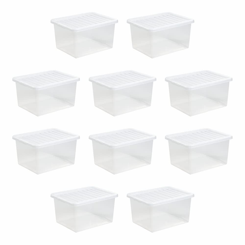 M1ss Clear (Set Of 10-37L Litre Plastic Storage Box With Crystal Lids Home Office Stackable Nestable Container Made In U.k (37L Litre)