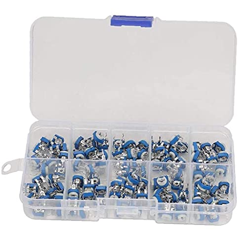 Résistance À Trimmer Variable Rm065 6mm 10 Valeurs Réglable Bleu Et Blanc Avec Boîte En Plastique Potentiomètre De Film De Carbone 100pcs, Kit De Résistance Variable Cover