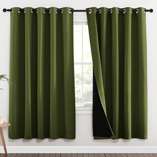 Image of NICETOWN 100% Blackout Window Curtain Panels, Olive Green, 2 Pieces, 70-inch Wide Per Panel, Full Light Blocking Drapes with Black Liner for Nursery, 72-inch Drop Thermal Insulated Draperies