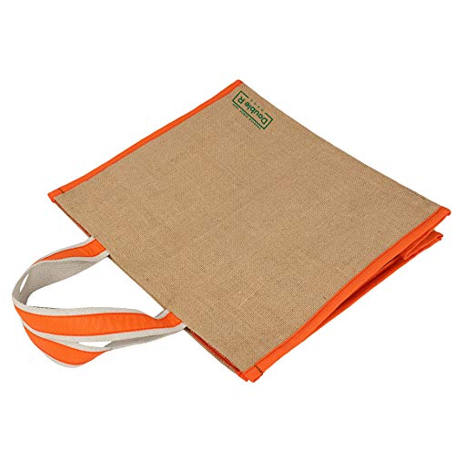 Image of DOUBLE R BAGS Big Heavy Duty Eco Reusable Jute Cloth Shopping Bag with 6 Pockets & Reinforced Handles | Grocery, Milk, Fruits & Vegetable Carry Organizer Tote | Orange, 45x17x35 cm, 1 Compartment