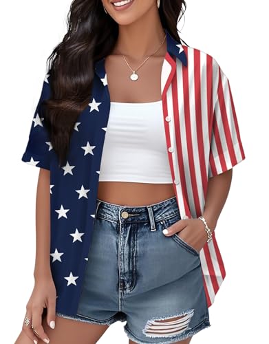 Image of Ithalt 4th of July Hawaiian Shirts Women American Flag Patriotic Short Sleeve Button Down Outfits Summer Vacation Tops