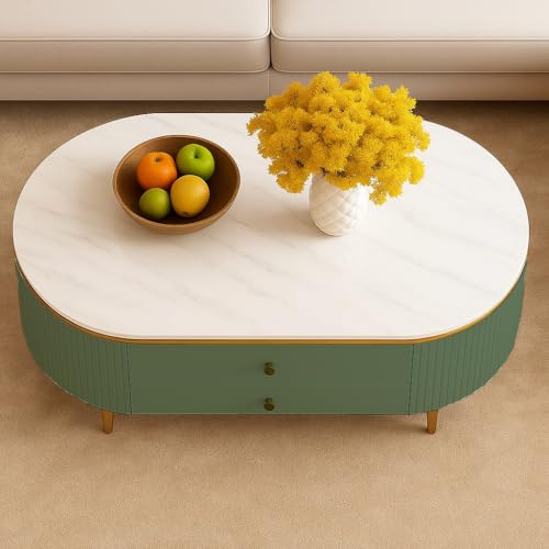 Image of WOODEN SPACE Premium Moderno Marble-Top Coffee Table with Storage Drawer & PVD Coated Iron Legs | Oval Wooden Center Table for Living Room & Entryway (Olive Green)
