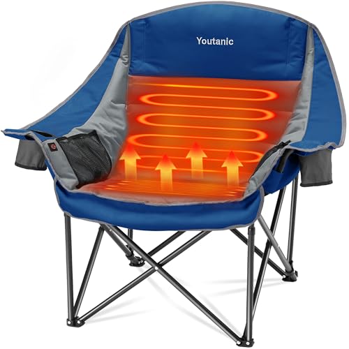 Youtanic Heated Camping Chair, 3 Heat Levels Oversized Padded Lawn Chair with Side Pockets and Cup...