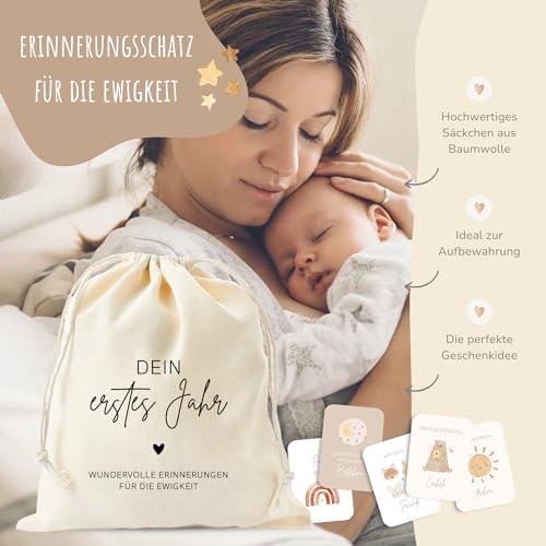 MeinBaby123® Meilensteinkarten Dein erstes Jahr | Meilenstein Karten Set Geschenk zur Geburt | Fotokarten für das erste Jahr | 50 Karten Inkl. Baumwollsäckchen (beige Boho)