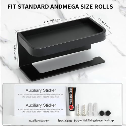 Toilet Paper Roll Holder with Storage Shelf, Wall Mount or Self-Adhesive Bathroom Kitchen Organizer Aluminum(Black-Thick) by Modimaster - Image 2