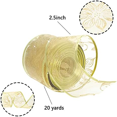 Whaline 20 Yard Christmas Organza Ribbon Glittery Gold Poinsettia Flower Sheer Ribbon Wired Edge Craft Decorative Ribbon Roll Gift Wrapping Ribbon for Xmas Tree Winter Holiday DIY Wreath Bow