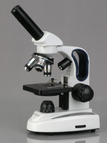 Image of AmScope M158C-2L-PS25 Cordless Compound Monocular Microscope, WF10x and WF25x Eyepieces, 40x-1000x Magnification, Upper and Lower LED Illumination with Rheostat, Brightfield, Single-Lens Condenser, Coaxial Coarse and Fine Focus, Plain Stage, 110V or Battery-Powered, Includes Set of 25 Prepared Slides