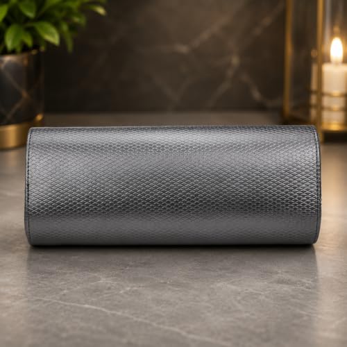 Image of faux Leather 4 Slot Watch Keeping Box for Men Women Watch Organizer Round Case Watch Holder Pouch for Travel with Lock and Cushion in Grey colour