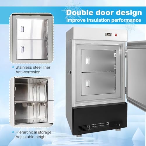 Bonxrdun Ultra Low Temperature Freezer, 80L, −40℉ to −123℉ Adjustable Temp Range, with Rollers and Digital Display, 304 Stainless Steel Liner, Low Temp Lab Freezer for Laboratory Samples Storage