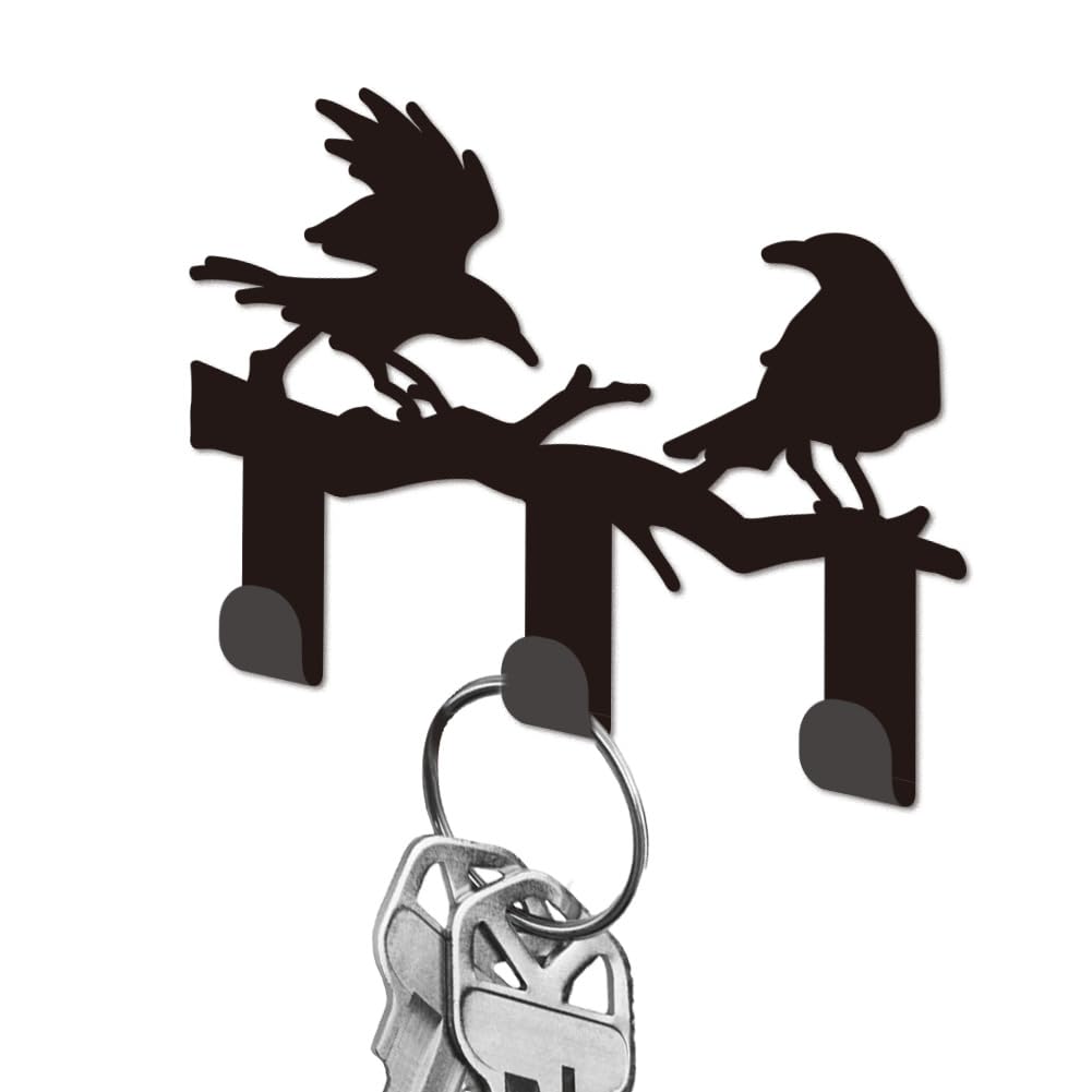 DELORIGIN Key Holder for Wall, Mini Black Iron Key Hooks Wall Mounted Branch Crow Key Rack with 3 Hooks, Small Key Hangers House Key Holder for Keys Bag Dog Leash Storage Wall Decorative Entryway