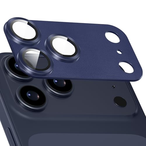 Suoman Leather Lens Protector for iPhone 17 Pro Max, [All-in-one Design] [Strong Adsorption] Full Coverage Leather Metal Frame Tempered Glass Camera Lens Cover-Blue