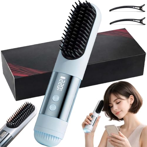 2026 Short Hair Styling Tools Cordless Styling Brush for Short Hair USB Rechargeable Portable Wireless Hair Straightening Brush 3 Heat Settings & Led Screen for Travel (Blue)