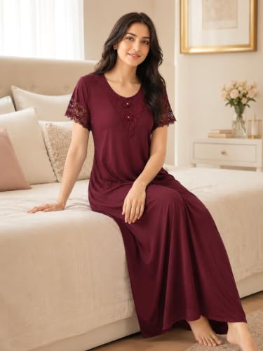 Image of 9shines Label Stylish Soft Modal Maxi Nighty | Honeymoon Nighty | Full Length Trendy Nightgown | V-Neck Lace | Premium Nightdress | Soft Long Nightdress | Maxi Gown Nightwear for Women (Malai Satin)