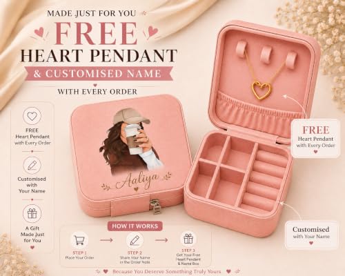 Image of Customized Jewellery Gift Box with free 1-Piece Jewellery Set Mini Jewellery Organizer for Women - Custom Name Jewelry Storage Box with heart pendent, PU Leather Travel case