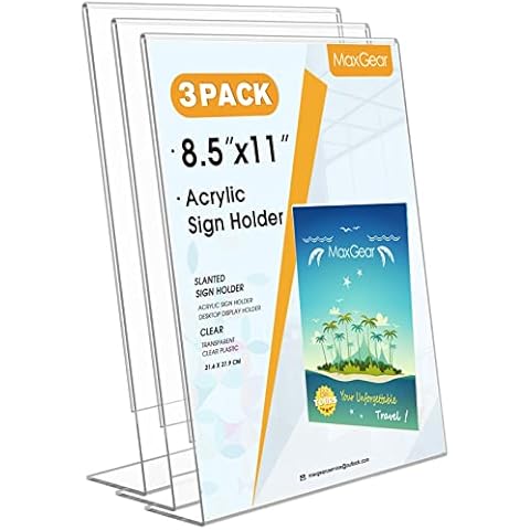 MaxGear Acrylic Sign Holder, Clear Sign Holder Plastic Paper Holder Slant Back Sign Holders 8.5x11 inches Sign Holder Plastic Display Stand for Office, Store, 3 Pack Cover